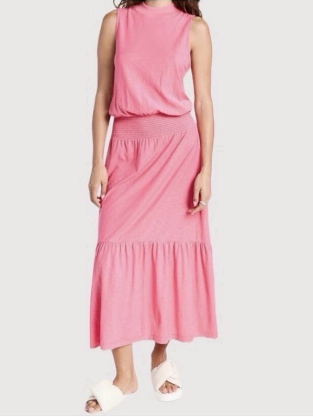 Nation LTD Los Angeles Barrett Pink Smocked Waist Midi Dress M | Pima Cotton